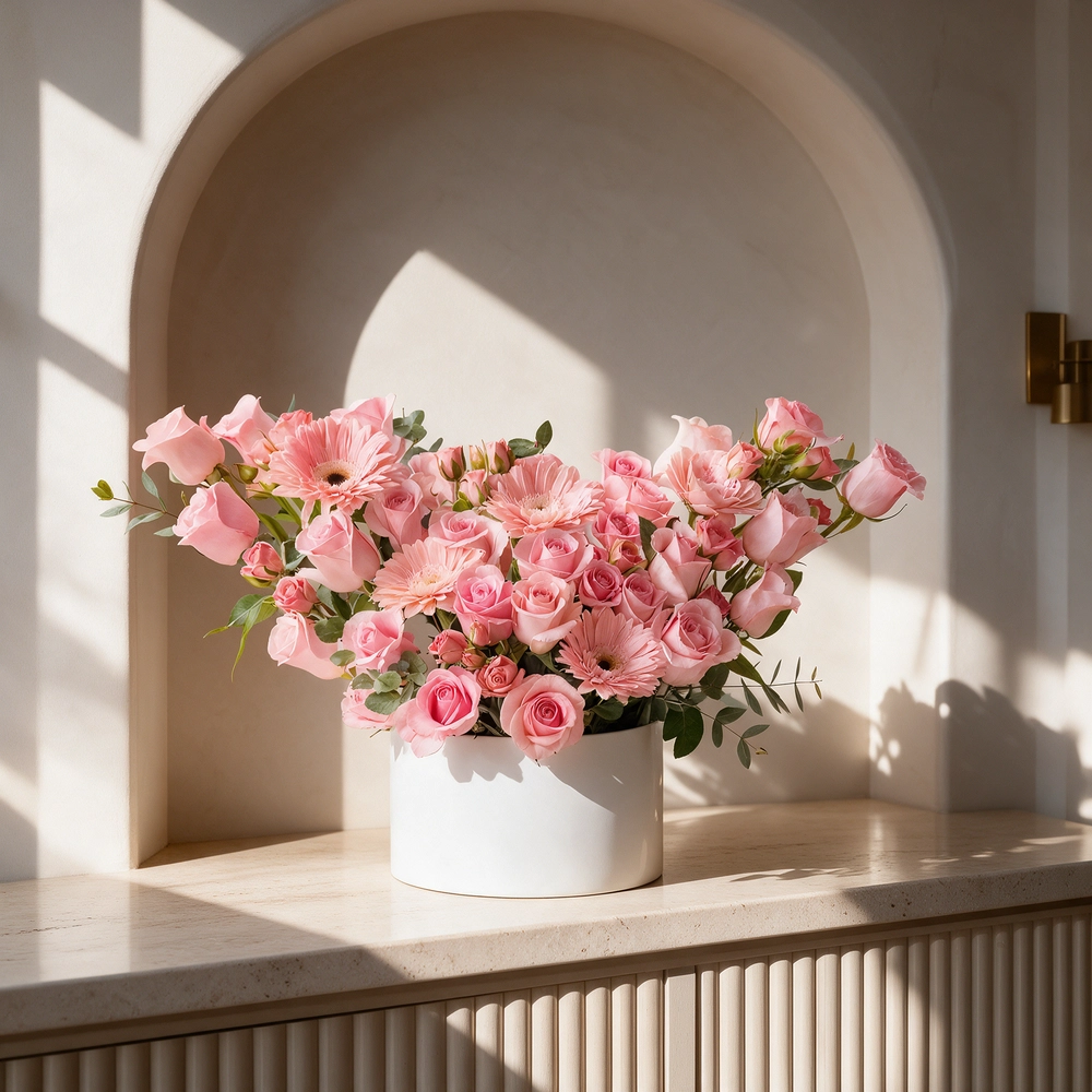 A box arrangement of 5 pink gerberas, 20 pink roses and 3 pink spray roses with green fillers.