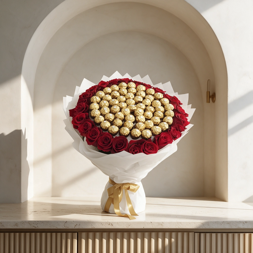 Grand Ferrero Rose Bouquet with 48 Ferrero Rocher chocolates, fresh red roses, premium white wrapping, and gold ribbon luxury gift arrangement.