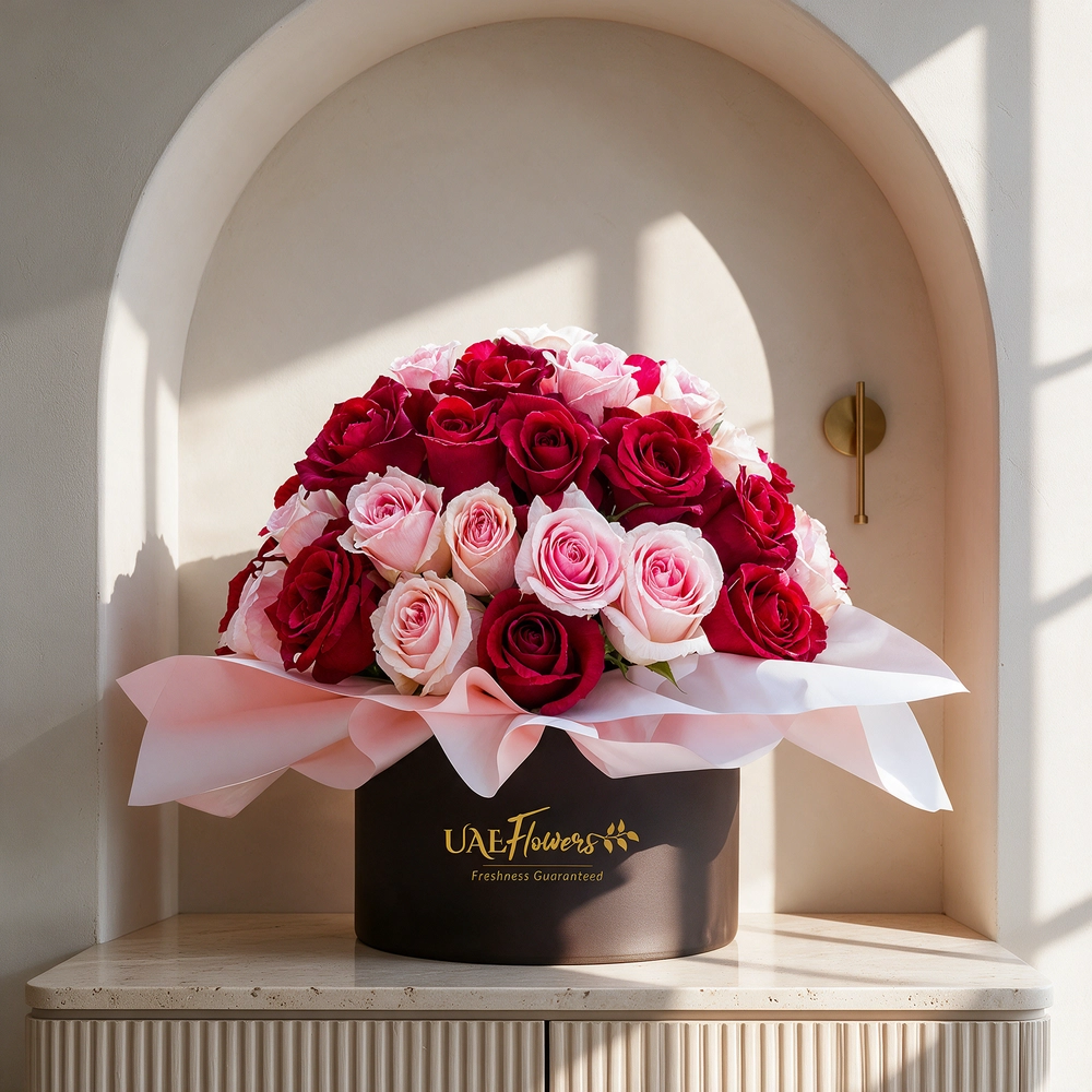 20 red and 20 pink roses neatly wrapped in a round box.