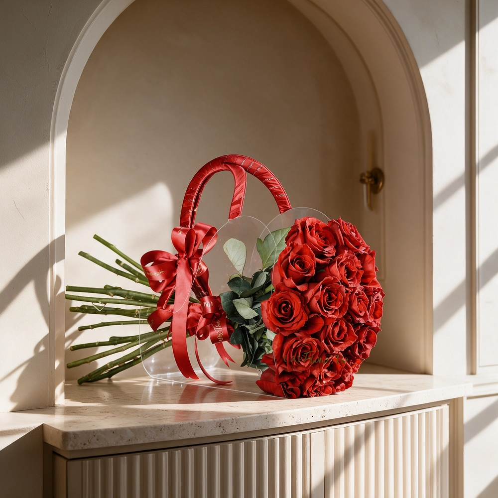17 red roses placed in a transparent acrylic bag, tied with a ribbon
