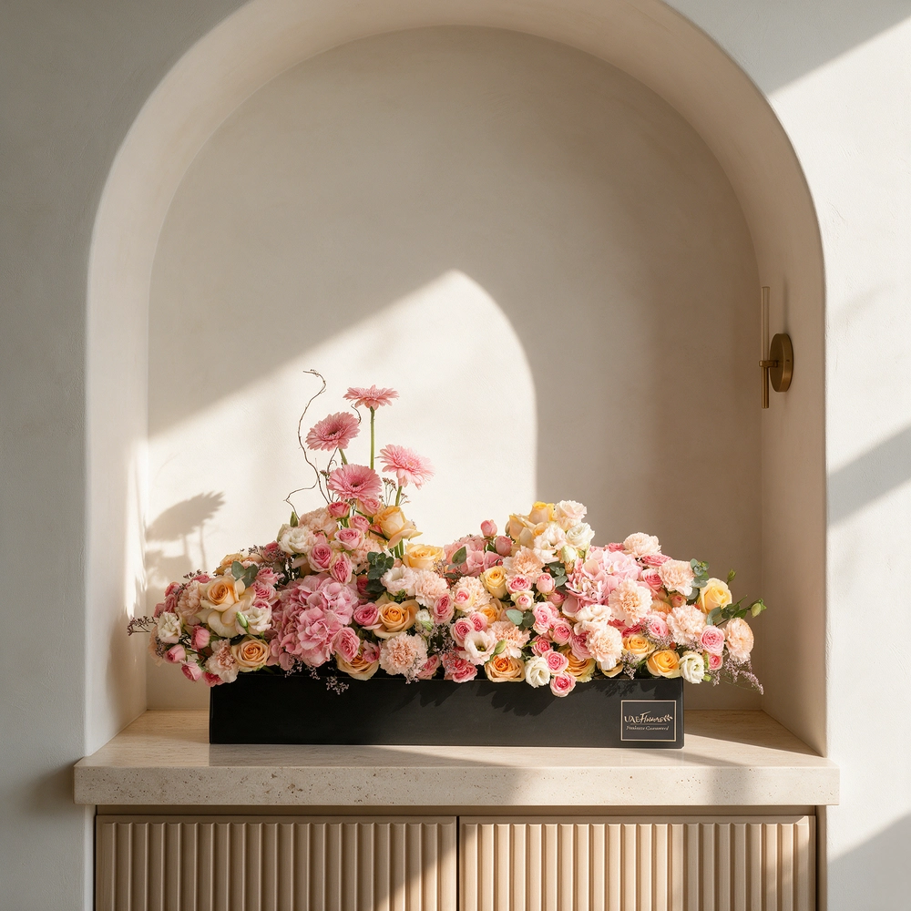 Arrangement of 4 pink gerberas, 3 pink hydrangeas, 20 pink carnations, 20 pink spray roses and 30 peach roses with green fillers in a long black box.