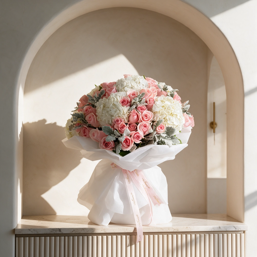 Luxury pink roses and white hydrangeas bouquet UAE