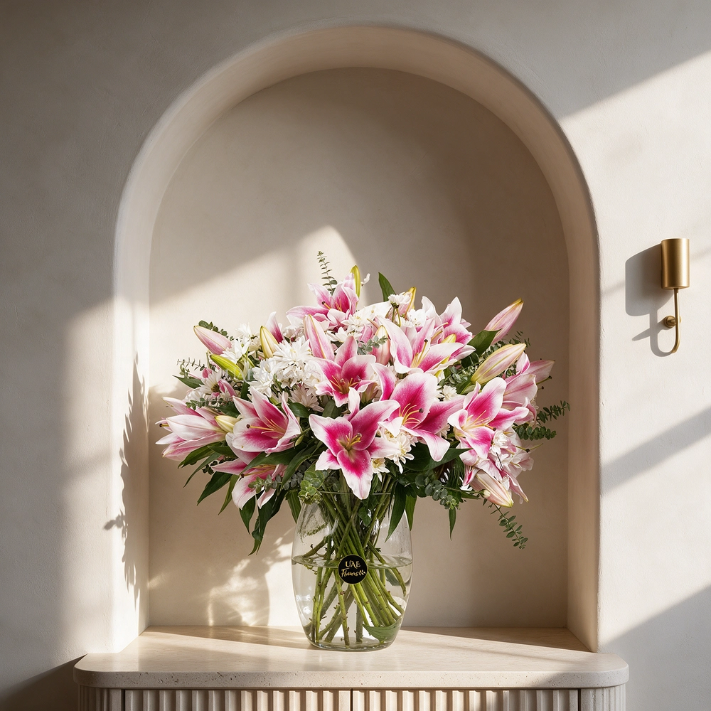 10 pink lilies and 5 white chrysanthemums