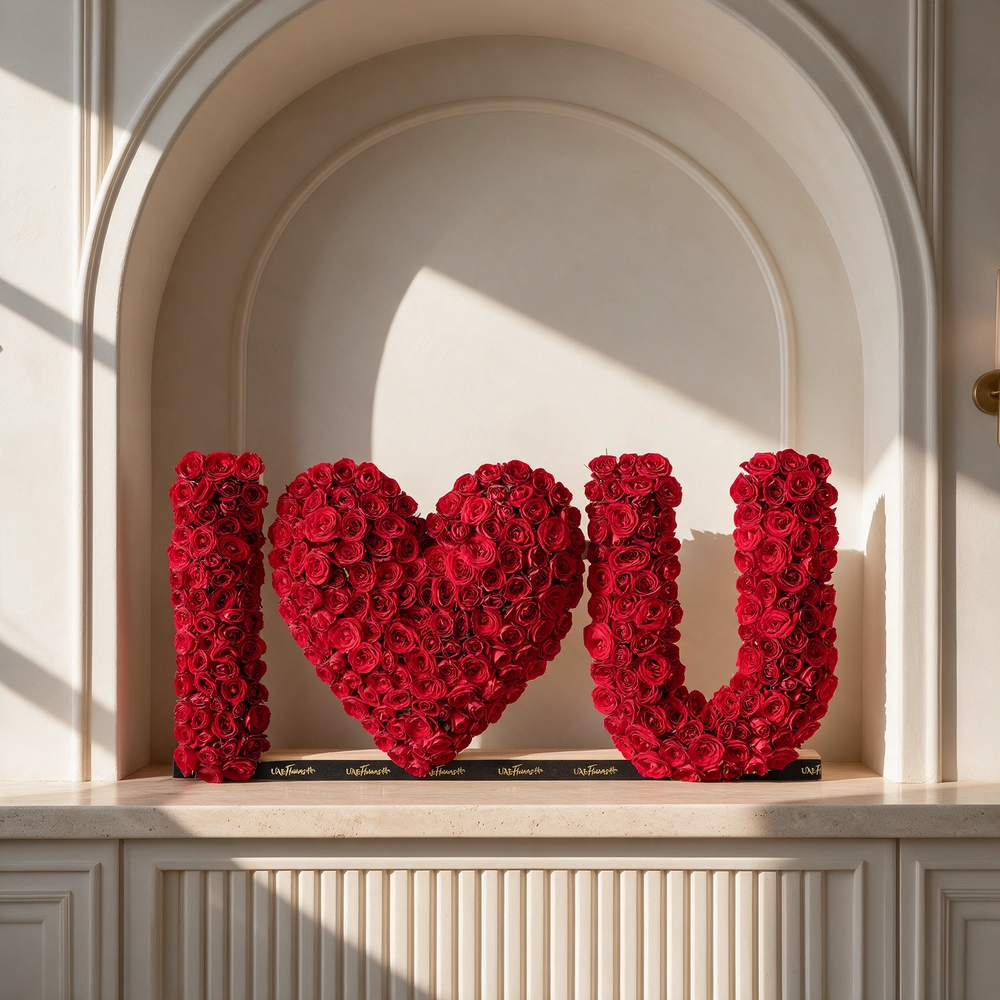 350 red spray rose buds arranged in an I Love You shape