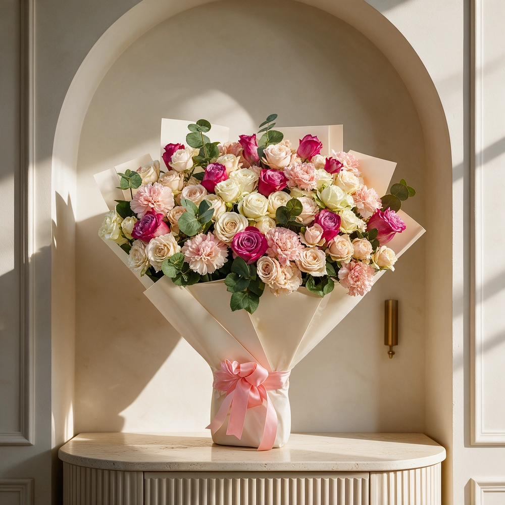 purple roses, 6 pink spray roses, 6 white spray roses and 6 pink carnations