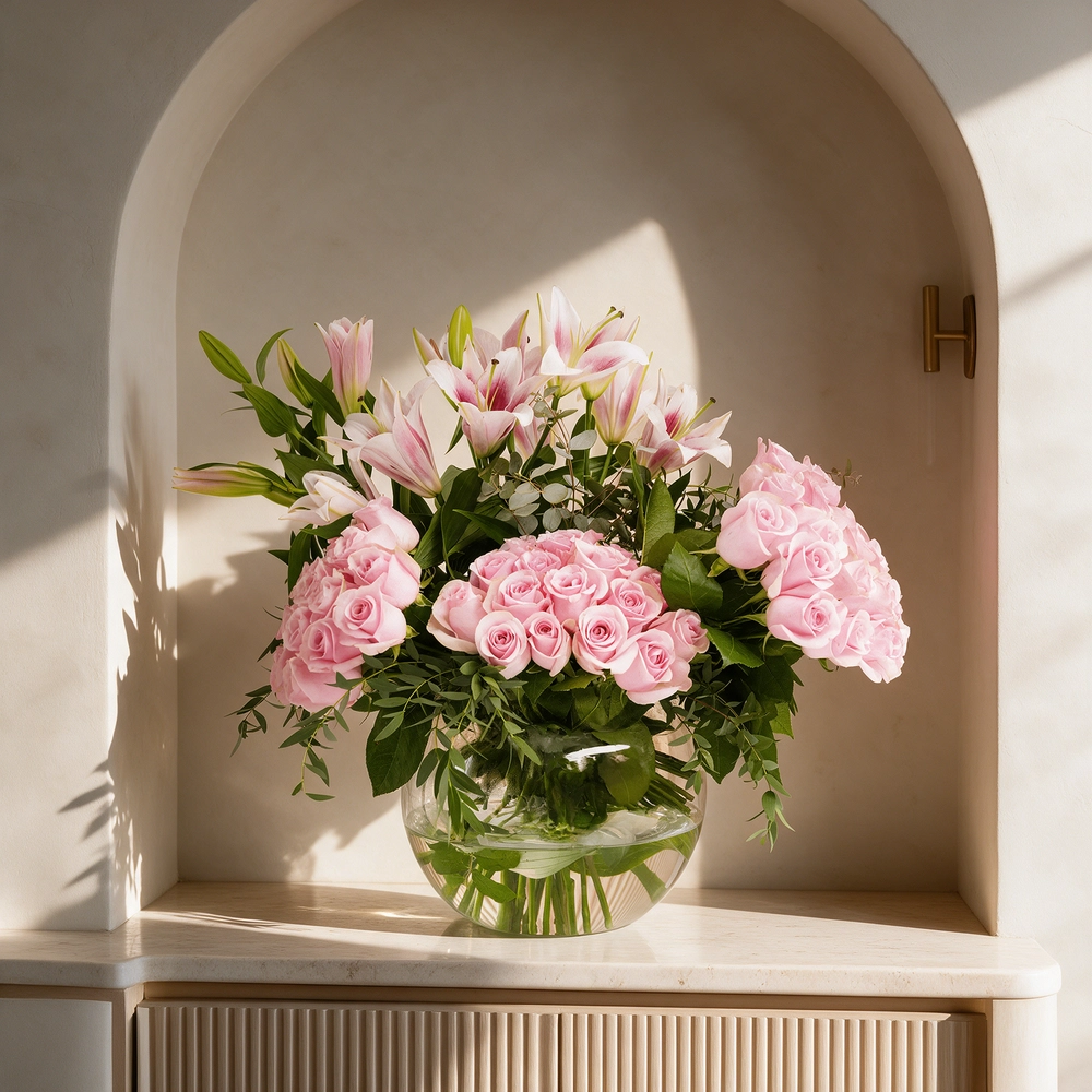 45 pink roses and 3 pink lilies