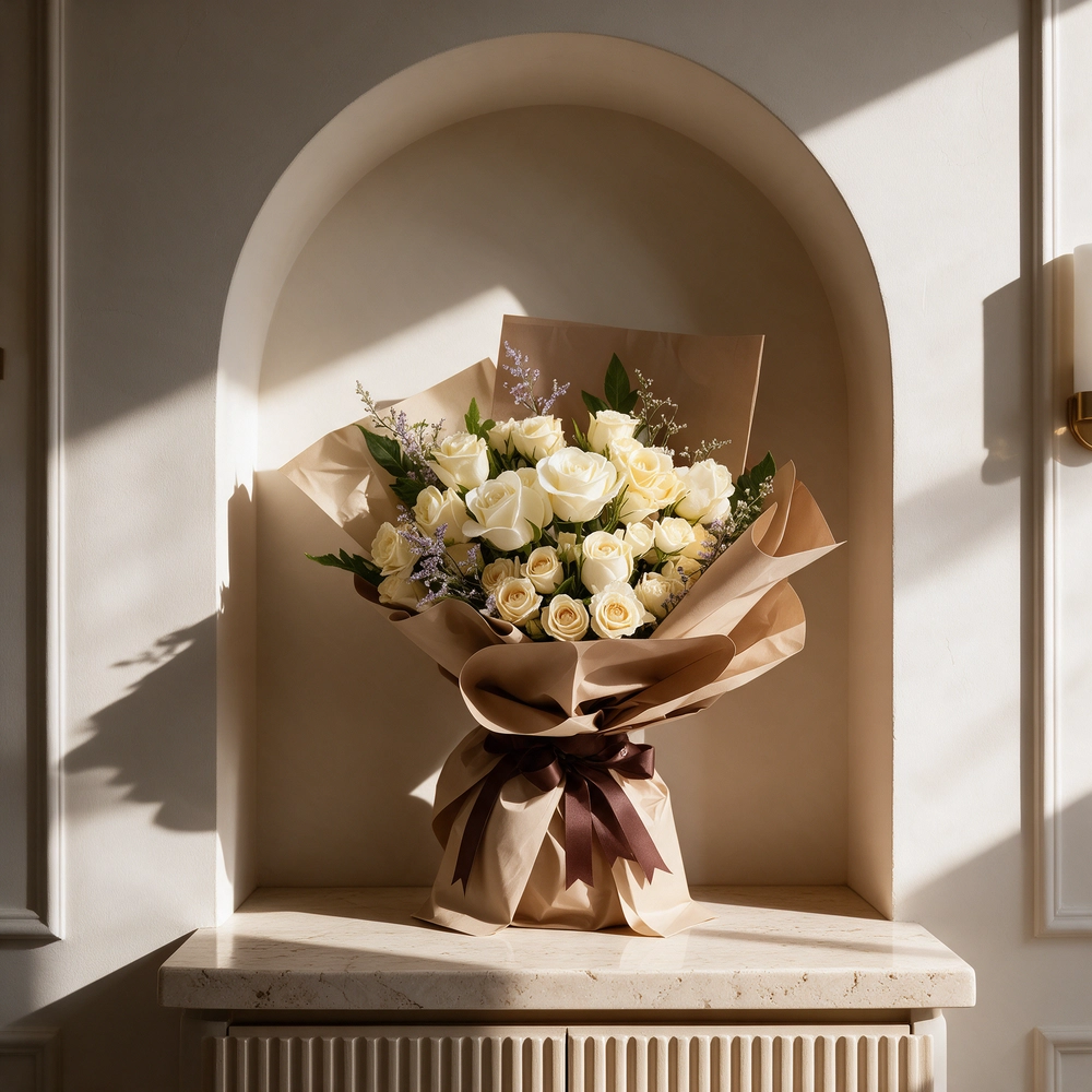 Bouquet of 8 white and peach roses with 2 peach spray roses and green fillers, wrapped in paper and tied with ribbons.