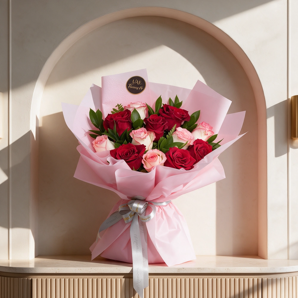 Bouquet of 12 red and pink roses with green fillers in pink wrapping paper.