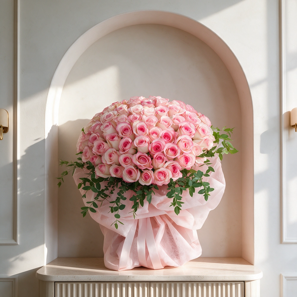 Bouquet of 40 Pink Roses with green fillers in nice wrapping