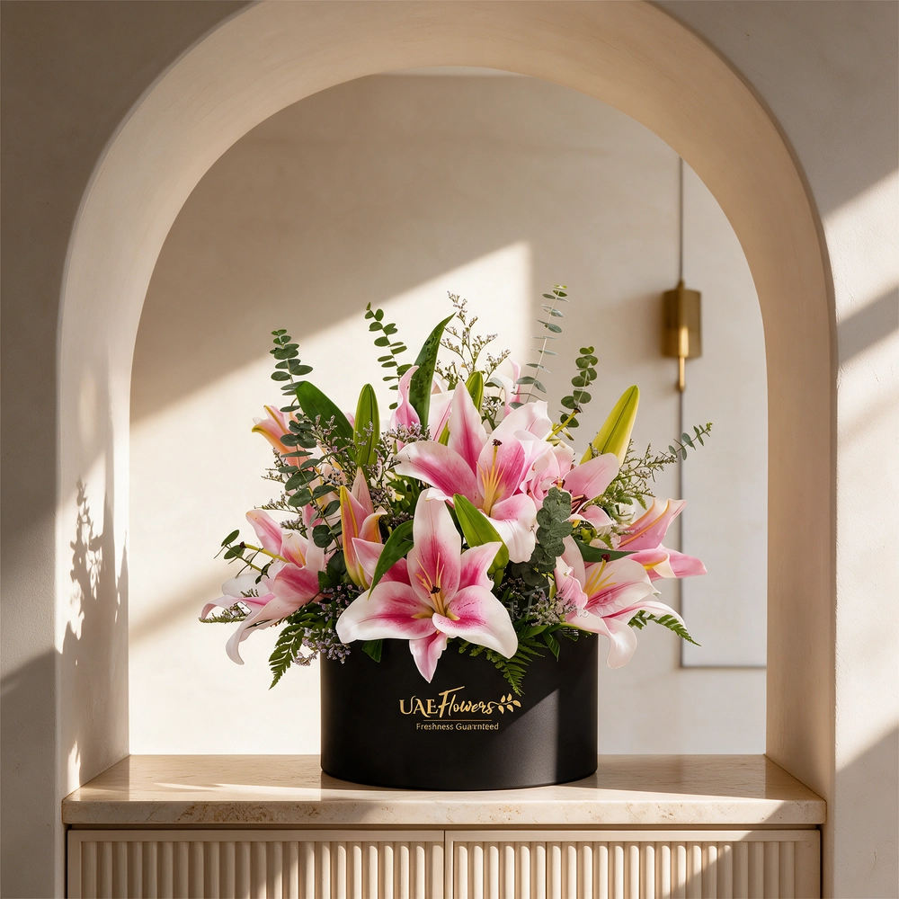 5 pink lilies with eucalyptus leaf and limonium fillers in a black round box