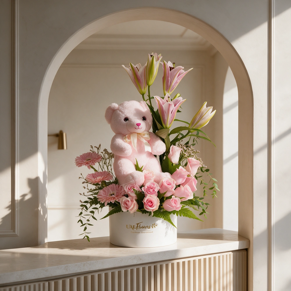 pink lily, pink gerberas, and pink roses in a round white box with a small pink teddy bear