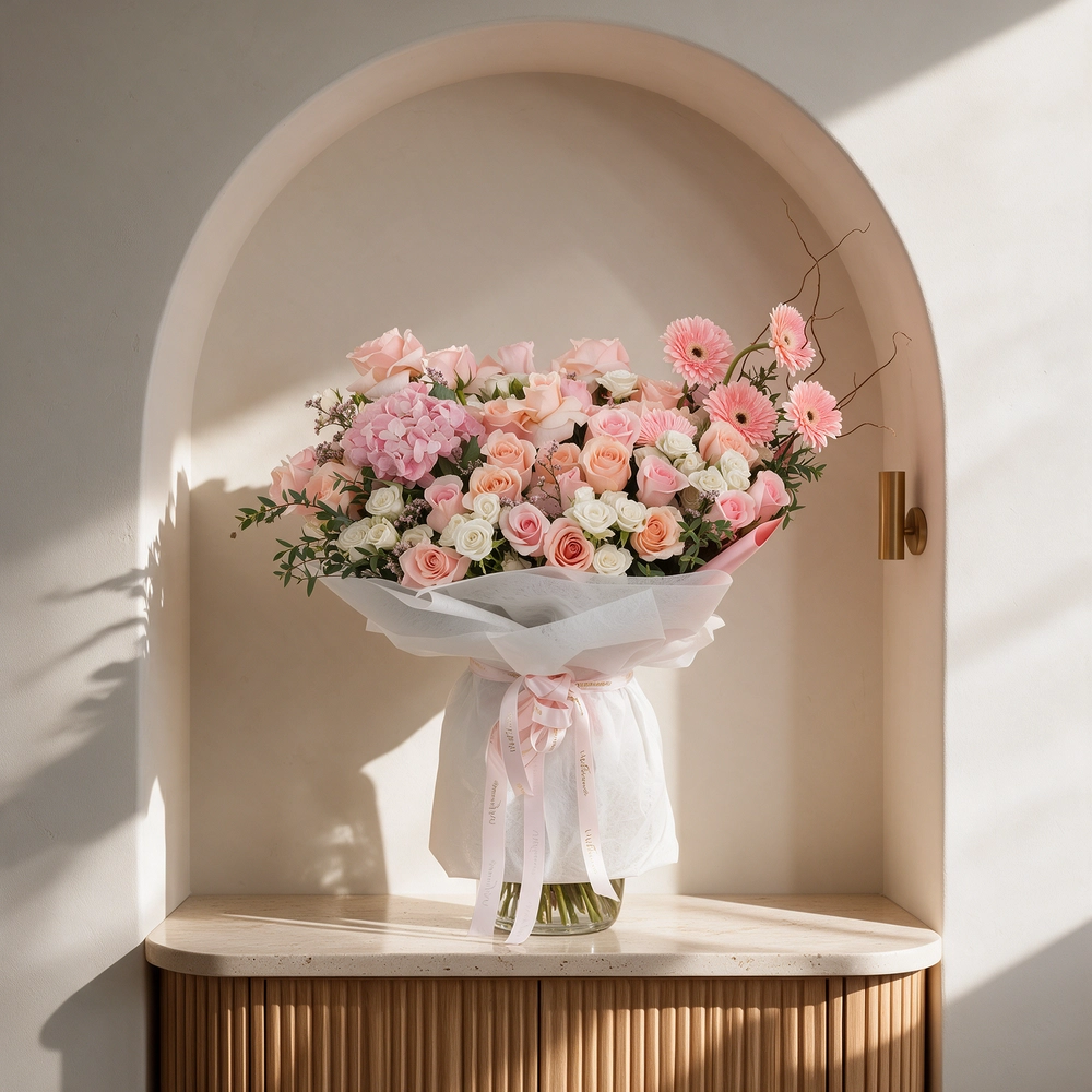 bouquet of pink roses, gerberas,  white spray roses, and hydrangea
