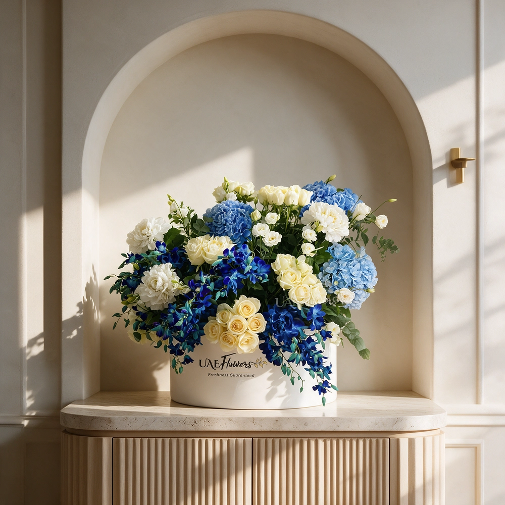 4 blue and 4 white hydrangeas, 30 orchids, 50 roses, and 10 lisianthus.