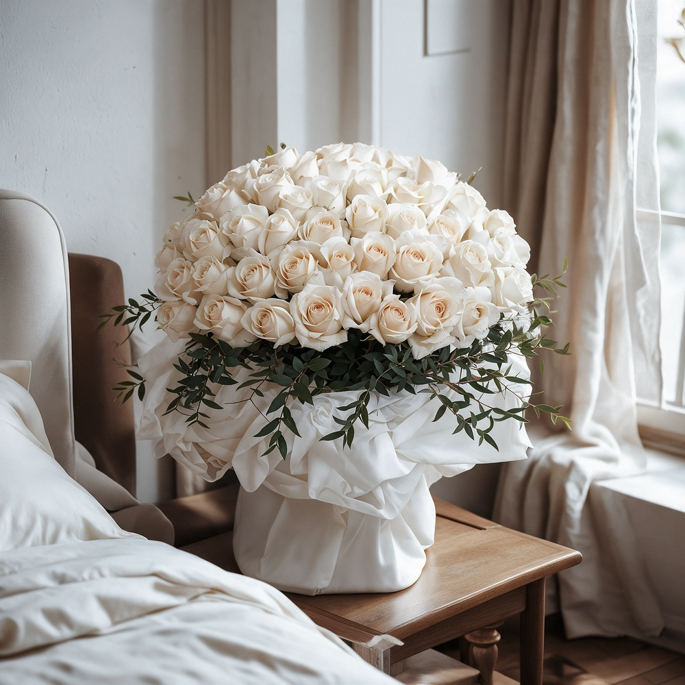 A bouquet of 40 white roses with greens in white and black wrapping paper tied with a white ribbon