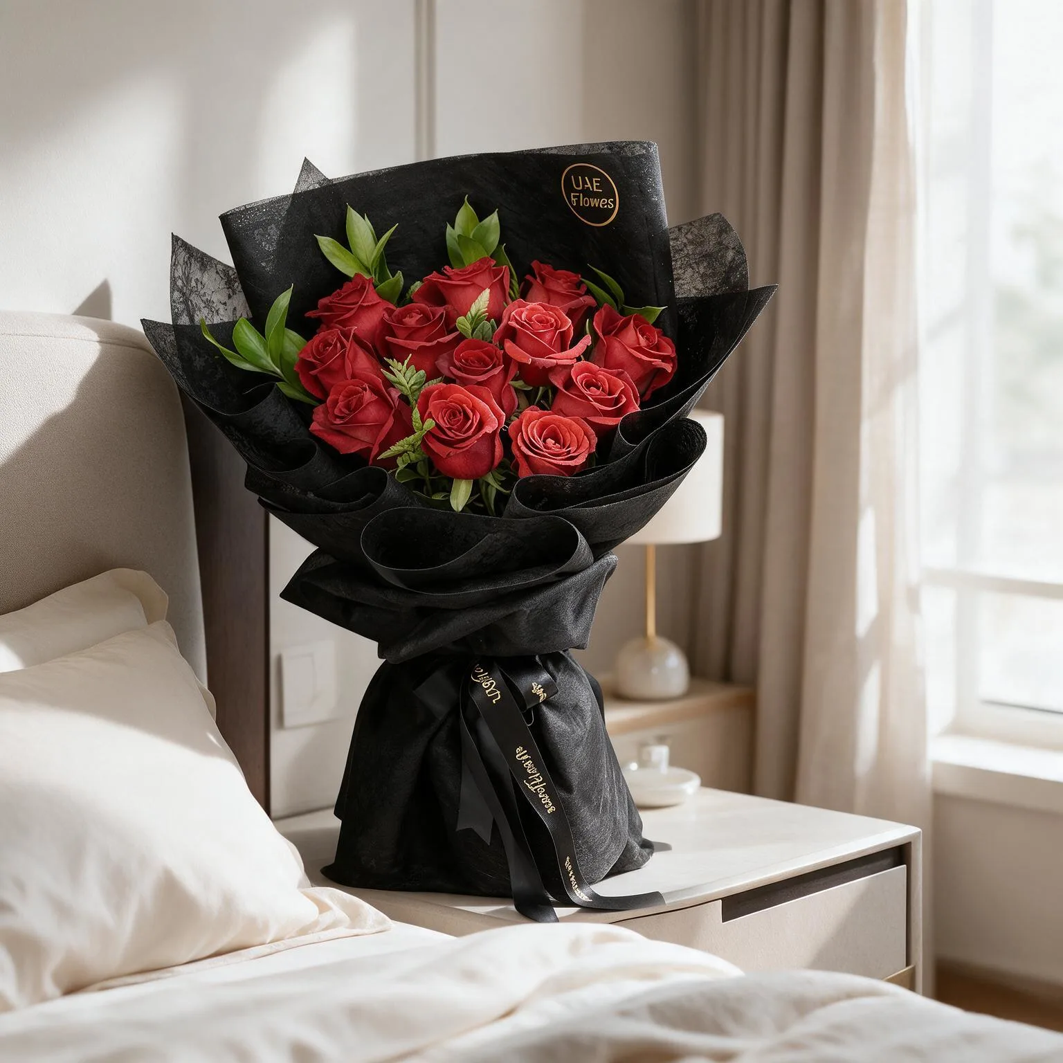 Bouquet of 12 red roses with green fillers in black wrapping paper.