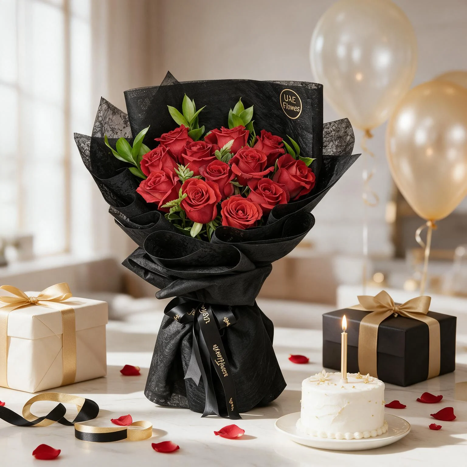 Bouquet of 12 red roses with green fillers in black wrapping paper.
